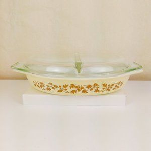 VTG PYREX GOLDEN ACORN GLASS DIVIDED DISH W LID